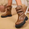Botines elegantes, que aumentan la altura, de talla grande, botas de cuero antideslizantes, botas de media pantorrilla para mujer, colección otoño/invierno 2026, de suela gruesa, plisadas, de moda