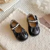 Zapatos de Niña Mary Jane Vintage de una Sola Hebilla para Niños y Mujeres Color Sólido Punta Redonda Bajos Zapatos de Princesa para Niñas Correa en T Hebilla de Perla Zapatos Pequeños de Cuero