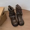Botas de moda punta redonda tacón con remaches otoño e invierno hebilla cuero suave tacón apilado versión marrón botines estilo coreano corto negro mujer