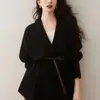 Chaqueta de punto de diseño coreano con cintura fruncida irregular para mujer, prenda exterior de color liso de longitud media para otoño e invierno, cárdigan holgado con solapa, grueso
