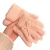 Luvas de Pelúcia Tricotadas Azuis Fofas Coreanas com Laço para Mulheres no Inverno Forradas com Fleece para Heattech e à Prova de Frio com Dedos Peludos
