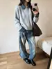 Cárdigan de punto patchwork de mezclilla con cuello para mujer, suéter chaqueta casual holgado de manga larga, nueva moda de otoño e invierno, versátil