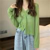 Verão fina ice silk blusa proteção solar cardigan de malha casaco das mulheres com saia suspensório desgaste exterior micro transparente camisa de ar condicionado de manga comprida