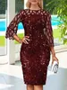 Vestido de Festa Feminino Europeu e Americano Gola Redonda Costura Brilhante Slim-fit Costura em Rede Sete Mangas Comprimento Médio