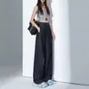 Calça Jeans Feminina Tencel Wide-Leg Corte Curvo, Verão 2026 Fina Azul Escuro Cintura Alta Solta Fluida Comprimento Total