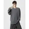 Camiseta masculina de gola redonda com listras caneladas, manga longa, estilo americano relaxado e preguiçoso, descolada, bonita, pulôver solto, camada base