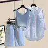 Conjunto de Verano para Mujer Tallas Grandes 2025 Nuevo Estilo Camisa con Protección Solar, Camisola, Shorts de Mezclilla Conjunto de Tres Piezas Adelgazante