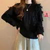 Suéter feminino com design estilo francês, nova coleção outono/inverno 2026, com franjas, modelagem solta, versátil, top de malha básico para usar com sobreposição