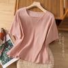 Sudeste Asiático Transfronteiriço Primavera e Verão Tamanho Grande Solto Elegante Casual Literário Retrô Algodão e Linho Gola Redonda Manga Média Camiseta Top