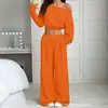 Conjunto de terno curto de manga longa ombro a ombro para mulheres, conjunto de duas peças de calça pantalona casual europeia e americana, vestuário feminino transfronteiriço, estilo casual