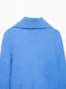 Comércio Exterior Amazon Transfronteiriço Primavera Venda Quente Roupas Femininas Cardigã de Tricô com Zíper e Gola Azul Suéter Curto com Ajuste na Cintura