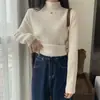 Entrega em peça única suéter de base com forro de fleece e pelo sintético de vison espesso suéter feminino de outono e inverno com gola alta curta slim-fit
