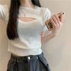 Transfronterizo 2023 Verano Sentido del Diseño Nicho Chic Calado Falso Suéter de Dos Piezas Camiseta de Manga Corta Top Corto Mujer