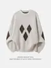 Suéter retro casual holgado estilo japonés Hanlu con cuello redondo para hombre, otoño e invierno, patrón de rombos en bloques de color, jersey cálido