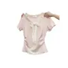 Camiseta de Manga Curta com Laço para Mulheres 2026 Novo Estilo Doce Color Blocking Babado Moda Slim Fit Top