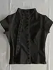 Estilo Novo de Verão Europeu e Americano Transfronteiriço Camisa de Cor Sólida com Botão Irregular com um Design Estiloso, Top de Manga Curta, Roupas Femininas Slim-Fit Atacado