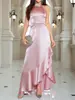 2026 Novo Vestido de Noite eBay Moda Feminina Transfronteiriça Cetim Rosa Gola Halter Babado Fenda Longo Vestido de Baile
