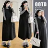 Vestido colete acolchoado em camadas casual listrado estilo coreano de inverno para maternidade + Vestido de maternidade de suéter cinza