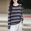 Nuevo Suéter de Punto Fino Hueco para Primavera y Otoño 6% Lana Cuello Redondo Manga Larga para Mujer Bloque de Color Rayas Holgado Capa Base