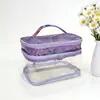 Bolsa de maquillaje transparente de doble capa con etiquetas láser, bolso de mano de gran capacidad, separación seco-húmedo, bolsa impermeable para almacenamiento de artículos de tocador de viaje