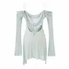 Camiseta Sexy Estilo Puro Deseo Ligeramente Transparente de un Solo Hombro y Manga Larga para Mujer Principios de Otoño Blanca Cintura Adelgazante Longitud Midi