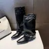 Botas de Mujer hasta la Rodilla con Tacón Grueso 2026 Otoño Nuevo Estilo Hebilla Remaches Vintage Punta Cuadrada Caña Ancha Botas de Caballero