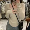 Camiseta interior de cuello cuadrado, hombros rectos para mujer, nuevo estilo otoño e invierno, forrada de polar, cálida, corte ajustado, entallada en la cintura, de longitud corta, top de manga larga