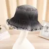 Sombrero de pescador de mezclilla patchwork estilo japonés para mujer, lavado vintage y desgastado, sombrero tipo cubeta de ala ancha que hace que la cara se vea más pequeña, sombrero para protección solar