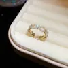 Anel aberto de ouro maciço 14k banhado com zircônia quadrada, coração de borboleta, pérola, anel simples e estiloso para o dedo indicador, joia para mulheres