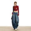 Jeans Vintage Azules Scimitar para Mujer, Novedad Otoño Cintura Alta Sueltos Estilo Americano Empalmados Hoz Versátiles Adelgazantes de Pierna Ancha