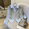 Fotos reales: Nueva colección otoño/primavera, top de manga larga estilo commuter con diseño de dos piezas simulado y cuello contrastante, estilo coreano