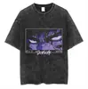 Tamanho Europeu Transfronteiriço Camiseta Masculina de Manga Curta Lavada Vintage Desenho Animado Anime Estilo Dark High Street Europeu e Americano Camiseta Curta Masculina