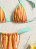 Bikini Sexy de Dos Piezas Estilo Europeo y Americano para Mujer, Traje de Baño Rayado Colorido Retro con Cierre al Cuello para Vacaciones en la Playa