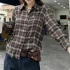 Nova camisa outonal feminina estilo coreano, com blocos de cor, gradiente escuro, xadrez, plissada, ombro a ombro, manga longa, com gola para mulheres