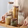 Tarro de Vidrio Redondo Transparente de Alto Borosilicato de Lujo Ligero con Tapa de Madera de Acacia Tarro de Vidrio de Grado Alimenticio para Almacenamiento Tarro de Almacenamiento para Cocina