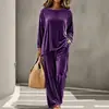 2026 Ropa Nueva Transfronteriza Europea y Americana Casual Suéter de Cuello Redondo Manga Larga Pantalones Extensos Traje de Terciopelo Multicolor para Mujer