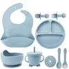 Conjunto de Louça de Silicone Infantil Transfronteiriço Babador Prato Tigela Colher Garfo Copo de Água Copo com Canudo Conjunto de 8 Peças