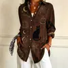 Otoño 2026 Amazon Ropa Europea y Americana para Mujer Bloques de Color Retro Estampado Digital Elástico en Cuatro Direcciones Bolsillo Camisa Solapa para Mujer