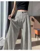 Calça de Tecido de Seda Gelada Listrada de Perna Larga para Mulheres 2025 Nova Verão Fina Cintura Alta Emagrecedora Perna Reta Casual
