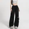 Pantalones Anchos Asimétricos Rasgados Dopamine para Mujer, Delgados de Primavera de Cintura Alta Sueltos Negros con Cordones Rectos tipo Cargo para Mujer