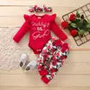 Conjunto de Três Peças para Bebê Menina Primavera/Outono Vermelho Manga Flare Macacão com Letras Calça Comprida Estampada Floral com Pé Borboleta