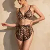 Estampado de Leopardo Cómodo Agradable a la Piel Bata Larga Bata de Baño Bata de Mañana Pantalones Cortos de Pijama Set de 3 Piezas Conjunto de Ropa para el Hogar para Mujer