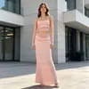 Conjunto de duas peças europeu e americano transfronteiriço: top cropped de renda com gola halter e mangas compridas com saia longa plissada estilo sereia