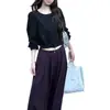 Blusa Goo Goo Eye de Algodón Tencel con Cuello de Encaje Francés Negro, Camisa de Manga Larga Dulce y Versátil para Principios de Otoño