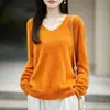 Básico de corte ajustado, favorecedor escote en V, forro polar, cálido, cuello suave, top capa base, suéter tejido para mujer, amarillo pluma