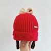 Chapéu de Lã com Laço de Cereja para Bebê Menina Outono e Inverno Quente Proteção para Orelhas Peruca Trança Estilo Doce Princesa Chapéu de Bebê