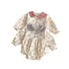 Macacão de Bebê Menina Estilo Coreano para Primavera com Estampa Floral e Gola Doce de Boneca, Macacão Longo de Peça Única, Roupas Novas