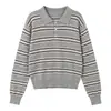 Suéter de Punto con Solapa de Raya de Contraste Otoño Nueva Llegada para Mujer Holgado Perezoso Capa Interior Capa Base Estilo Universitario Camisa Polo