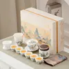 Juego de Té Kung Fu de Porcelana Blanca Escarchada de Jadeite con Tapa, Tazón y Tazas de Té, Juego de Té de Viaje, Regalo para el Hogar, Caja de Regalo Jiangshan