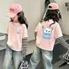 Camiseta Estampada de Manga Larga para Niña, Nuevo Estilo Otoño Temprano 2026, Top Falso de Dos Piezas para Niños, Camiseta de Base Rayada para Niños Mayores